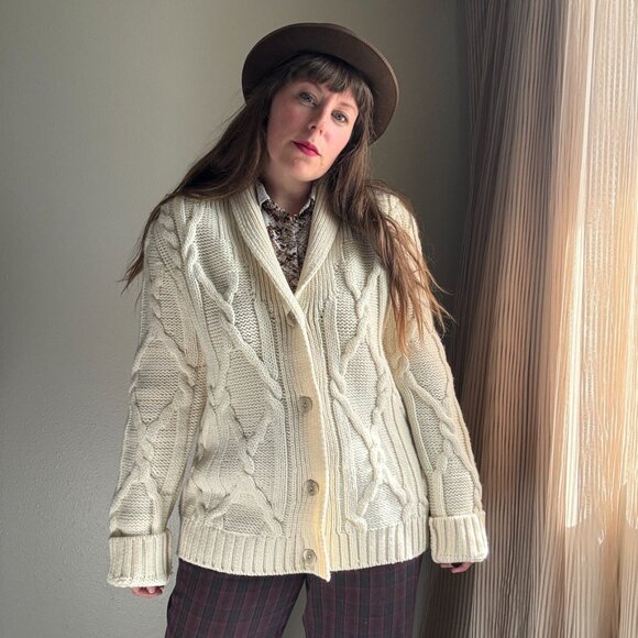 Vintage 90s Paul James Cream Wool Shawl Collar Cardigan Sweater | Size M/L - Picture 3 of 10